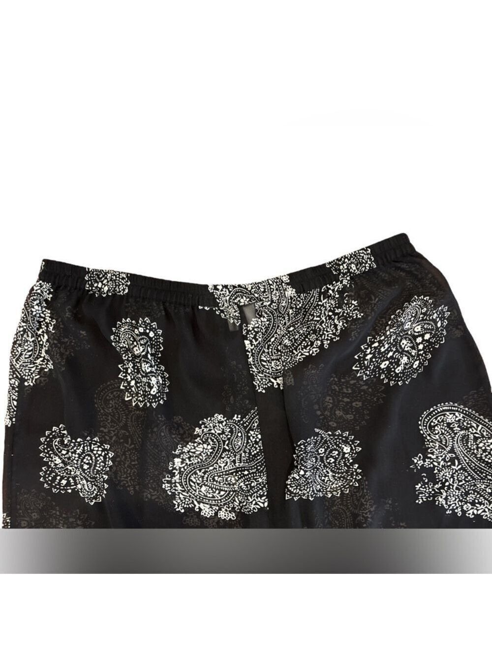 90s 2PC DELICATES BOHO SHEER BLK & CREAM PAISLEY CROP TOP & WIDE LEG PANT SZ XL - Picture 13 of 16